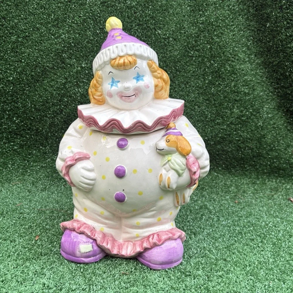 Vintage Starry Eyed Ceramic Clown Cookie Jar with Lid Holding Puppy Dog 13